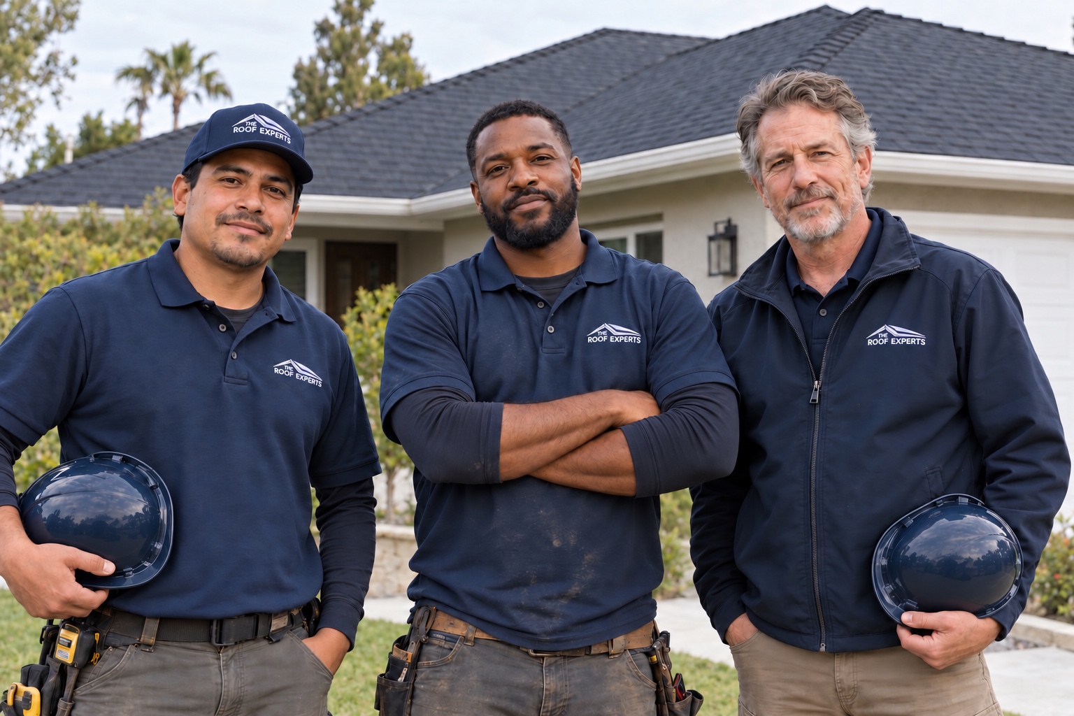 Illustrative roofing crew in navy workwear standing at ground level beside a Southern California home